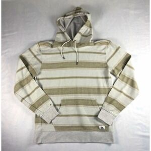 Quiksilver Retro Men's Gray/Beige Striped Pullover Surf Hoodie Logo Size M
